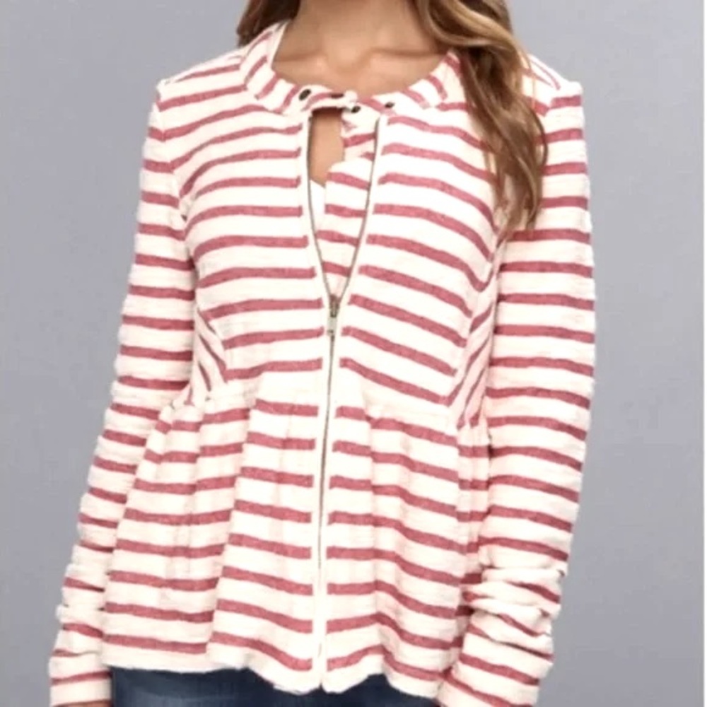 Free People Jacket Full Zip Peplum Red Striped Medium